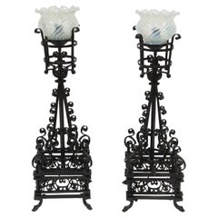 Antique Hand Forged Wrought Iron Lamps Electrified Hand Blown Shades