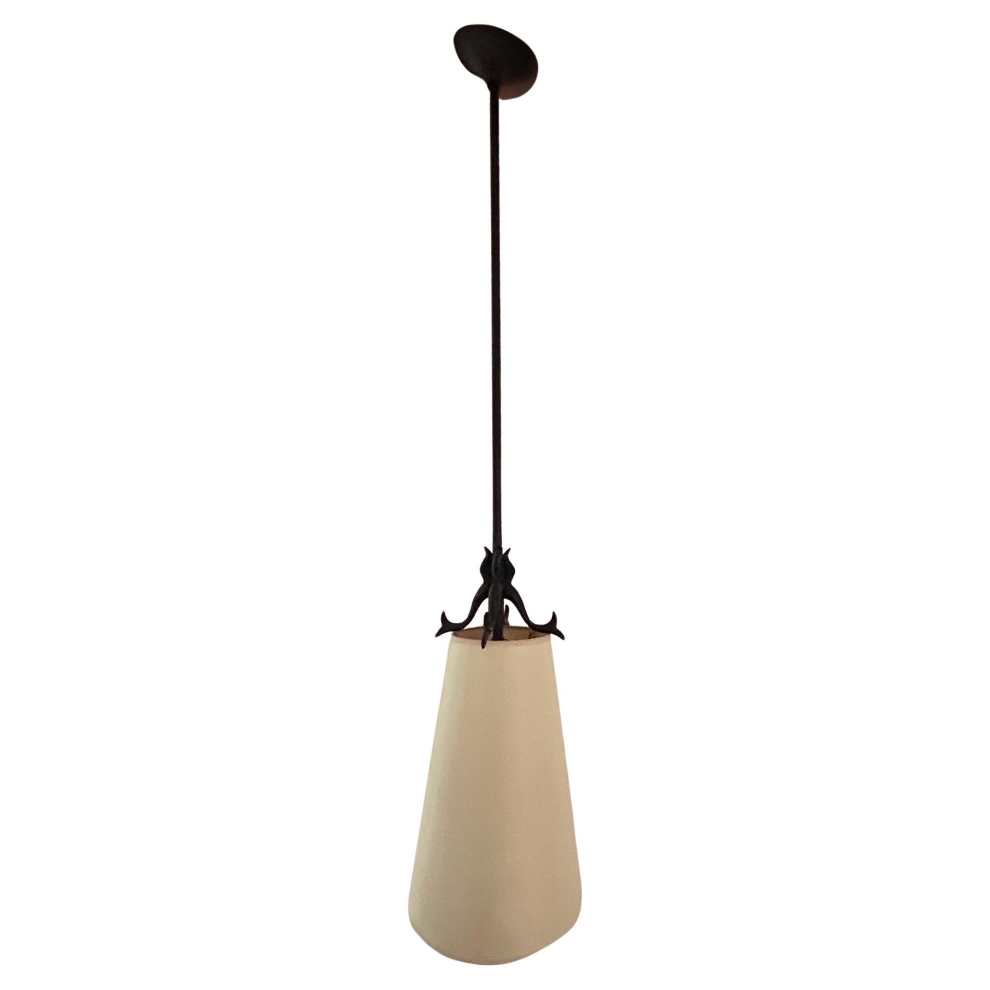 Hand forged wrought iron pendant light attributed to Pierre Basse