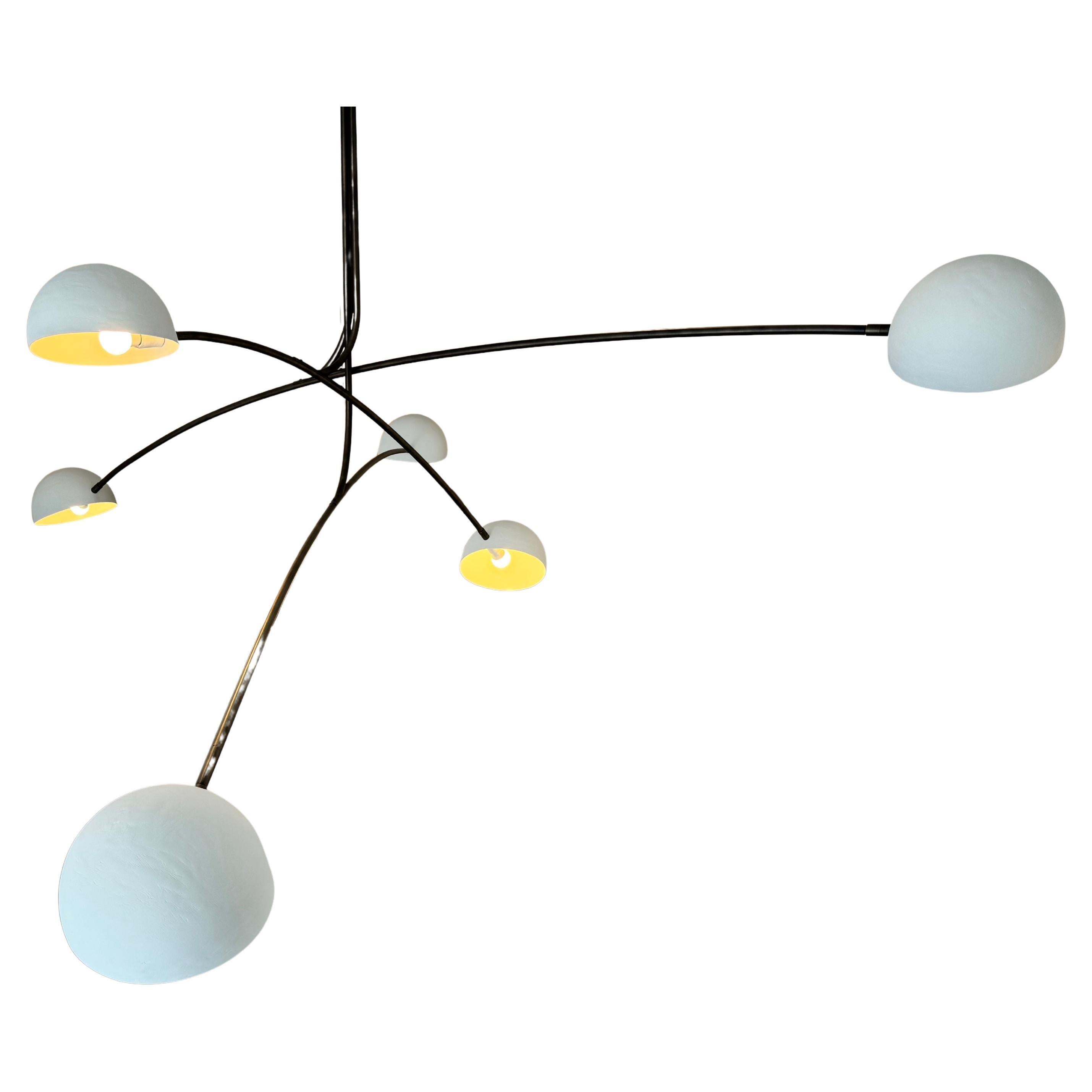 Hand-Formed Chandelier in a Dark Bronze Plated Finish, Hand Spun Plaster Shades