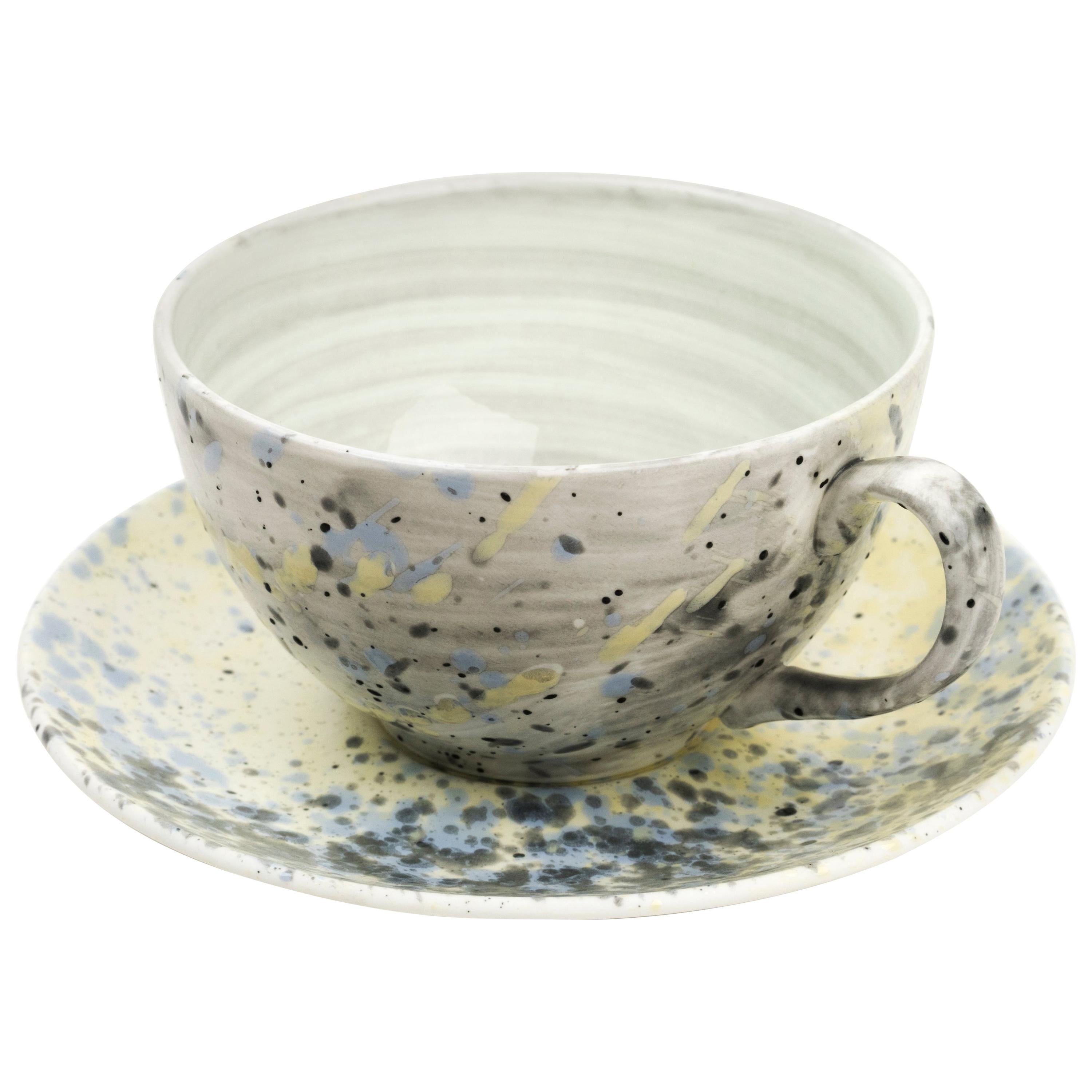 Hand Glazed Fine Bone China Large Cup and Saucer with Expressionist Design For Sale
