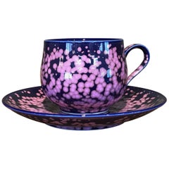 Hand-Glazed Japanese Blue Porcelain Cup and Saucer by Contemporary Master Artist