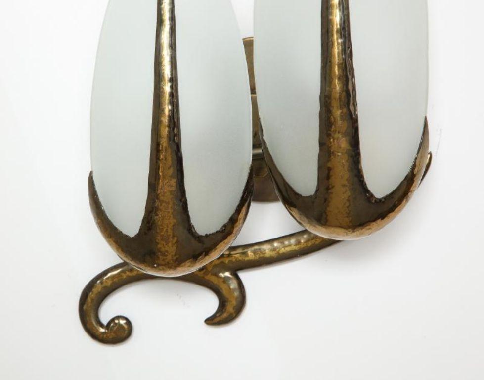 Hand-Hammered Brass and Opaline Sconce, c. 1940 For Sale 4