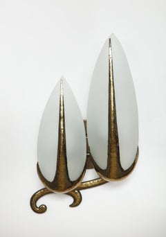 Hand-Hammered Brass and Opaline Sconce, c. 1940