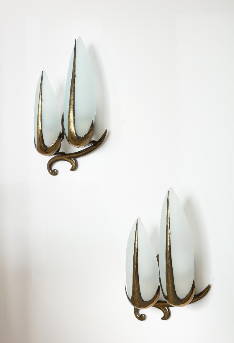 Art Nouveau Hand-Hammered Brass and Opaline Sconce, c. 1940 For Sale