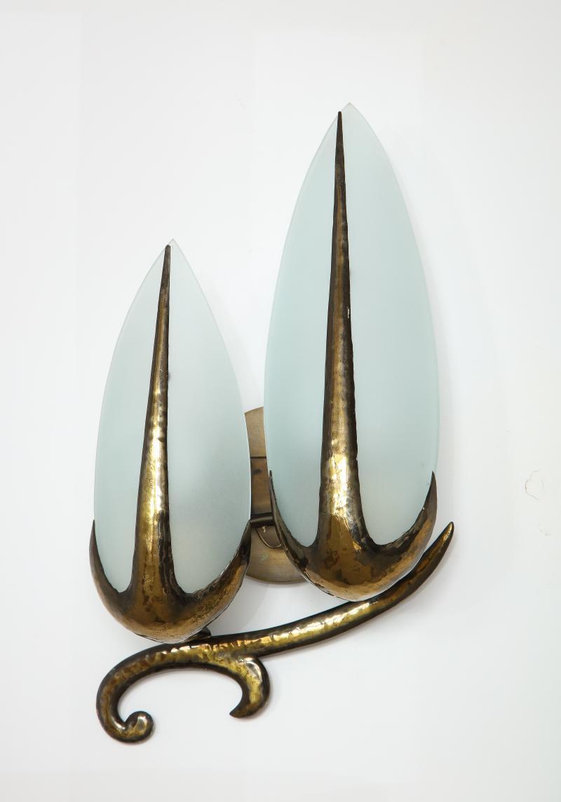 Italian Hand-Hammered Brass and Opaline Sconce, c. 1940 For Sale