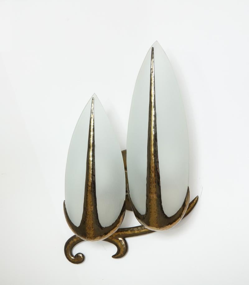 Hand-Hammered Brass and Opaline Sconce, c. 1940 In Good Condition For Sale In New York City, NY