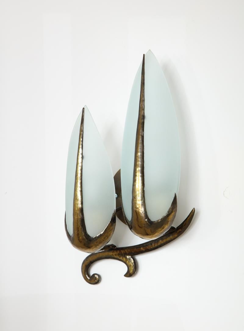 20th Century Hand-Hammered Brass and Opaline Sconce, c. 1940 For Sale