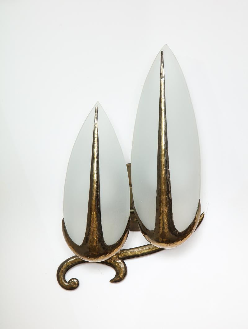 Hand-Hammered Brass and Opaline Sconce, c. 1940 For Sale 1