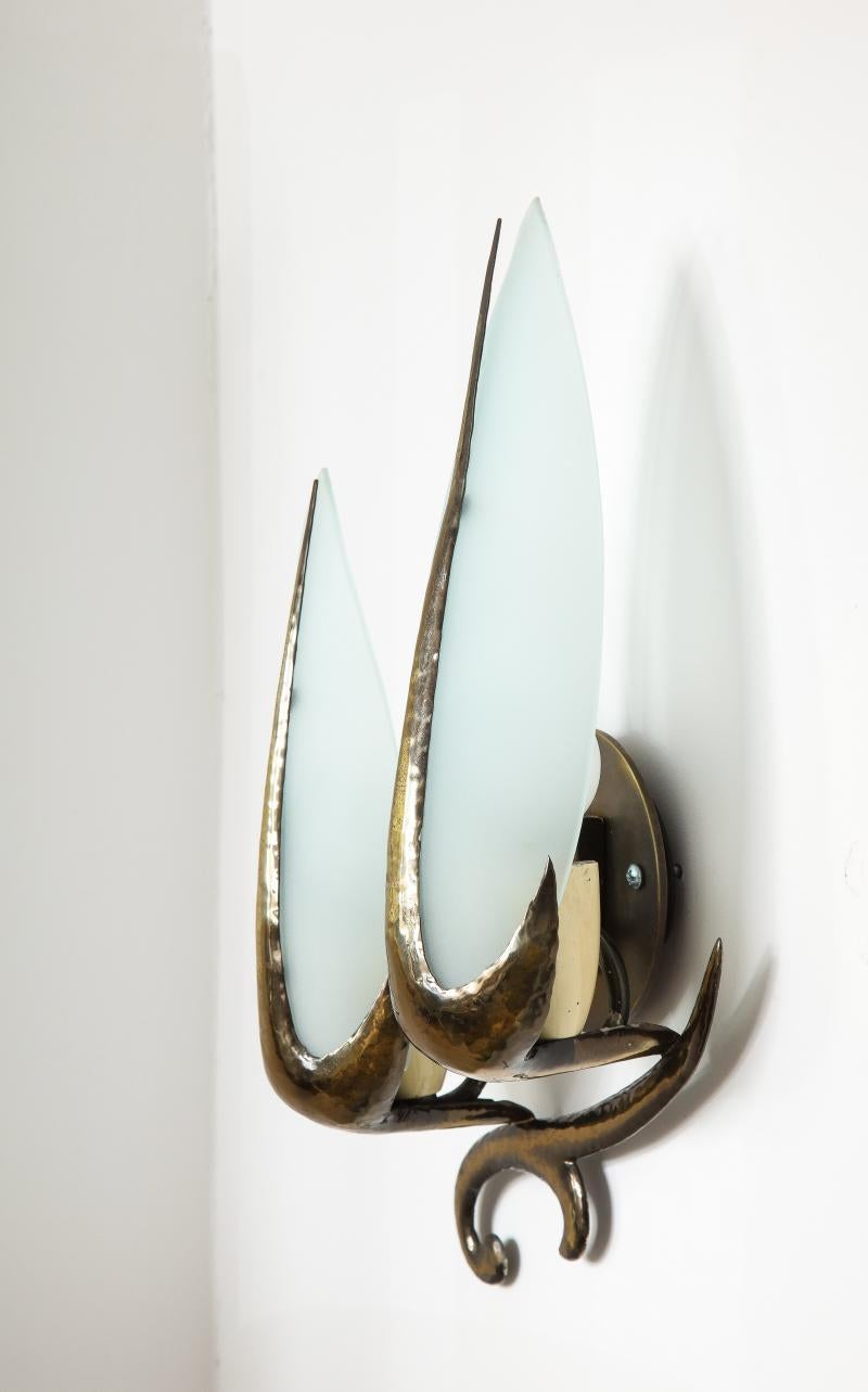 Hand-Hammered Brass and Opaline Sconce, c. 1940 For Sale 2