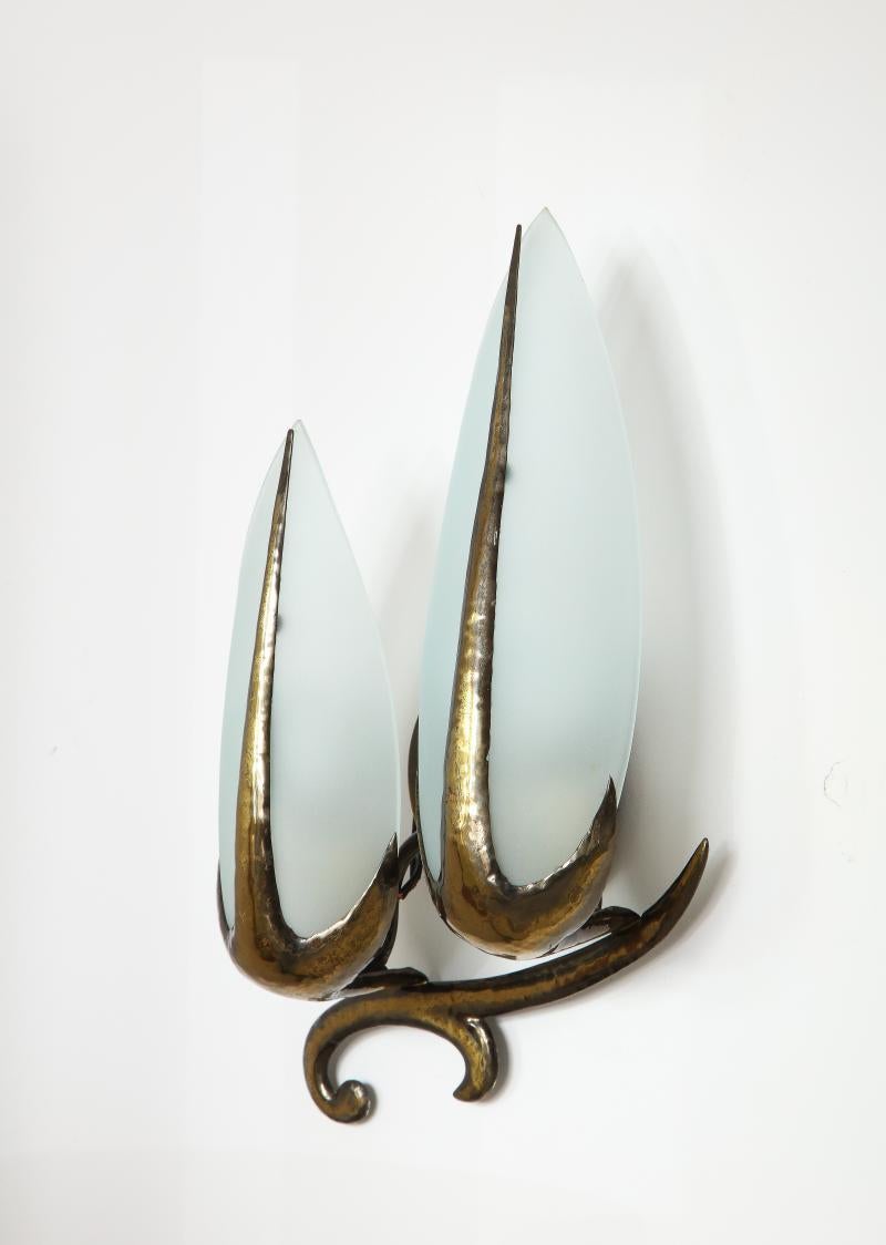 Hand-Hammered Brass and Opaline Sconce, c. 1940 For Sale 3