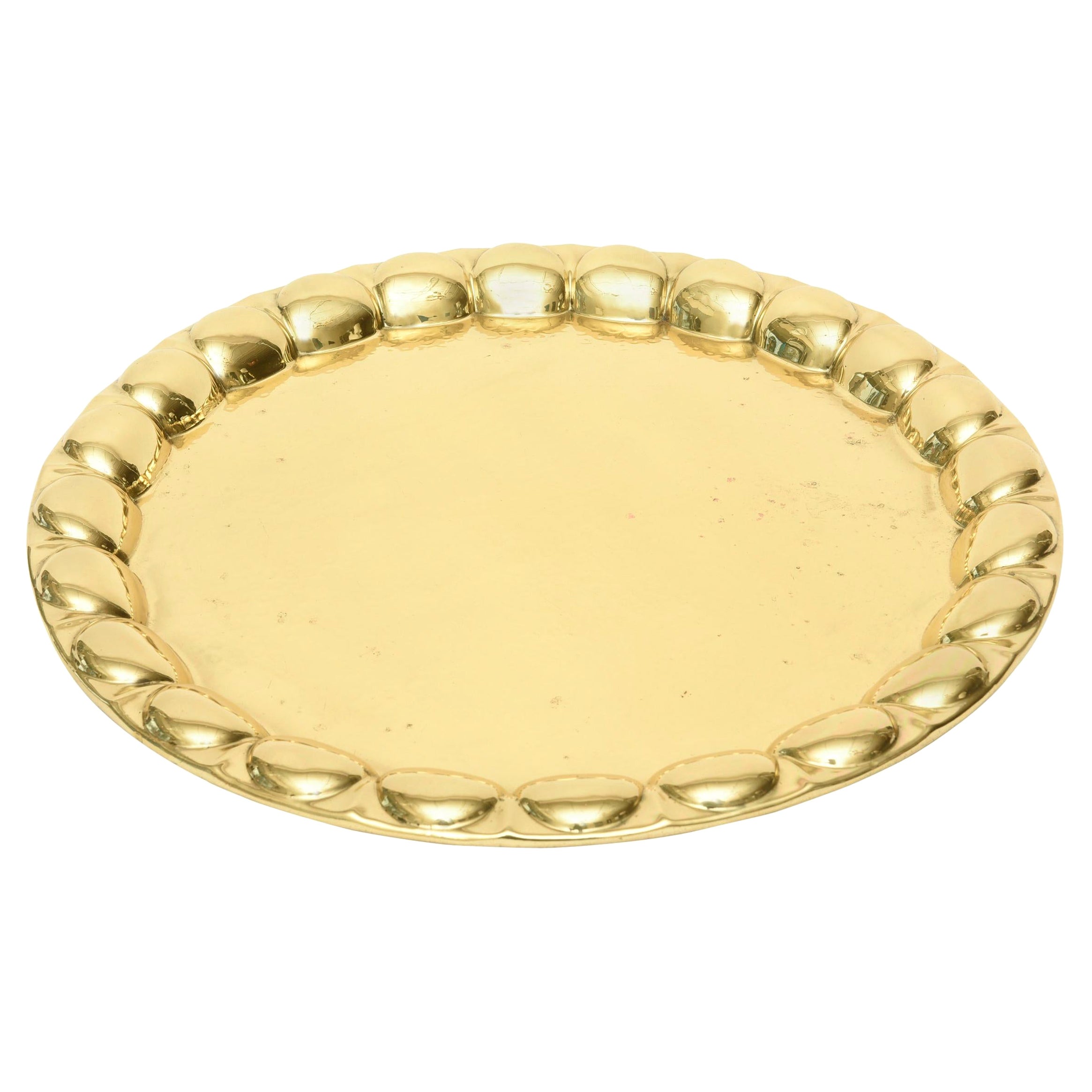 Hand-Hammered Brass Monumental Round Serving Tray Barware Vintage