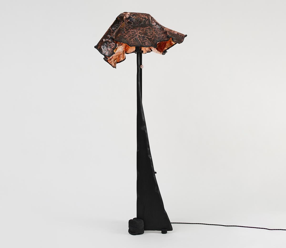 Hand-Hammered Copper and Ebonized White Oak Kansas Floor Lamp by Luke Malaney In New Condition For Sale In Brooklyn, NY