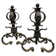 Hand Hammered Decorative Iron Pair of Arts & Crafts Andirons Italian Baroque
