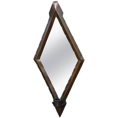 Antique Hand-Hammered Diamond Shape Copper Arts and Crafts Wall Mirror with Candle Stick