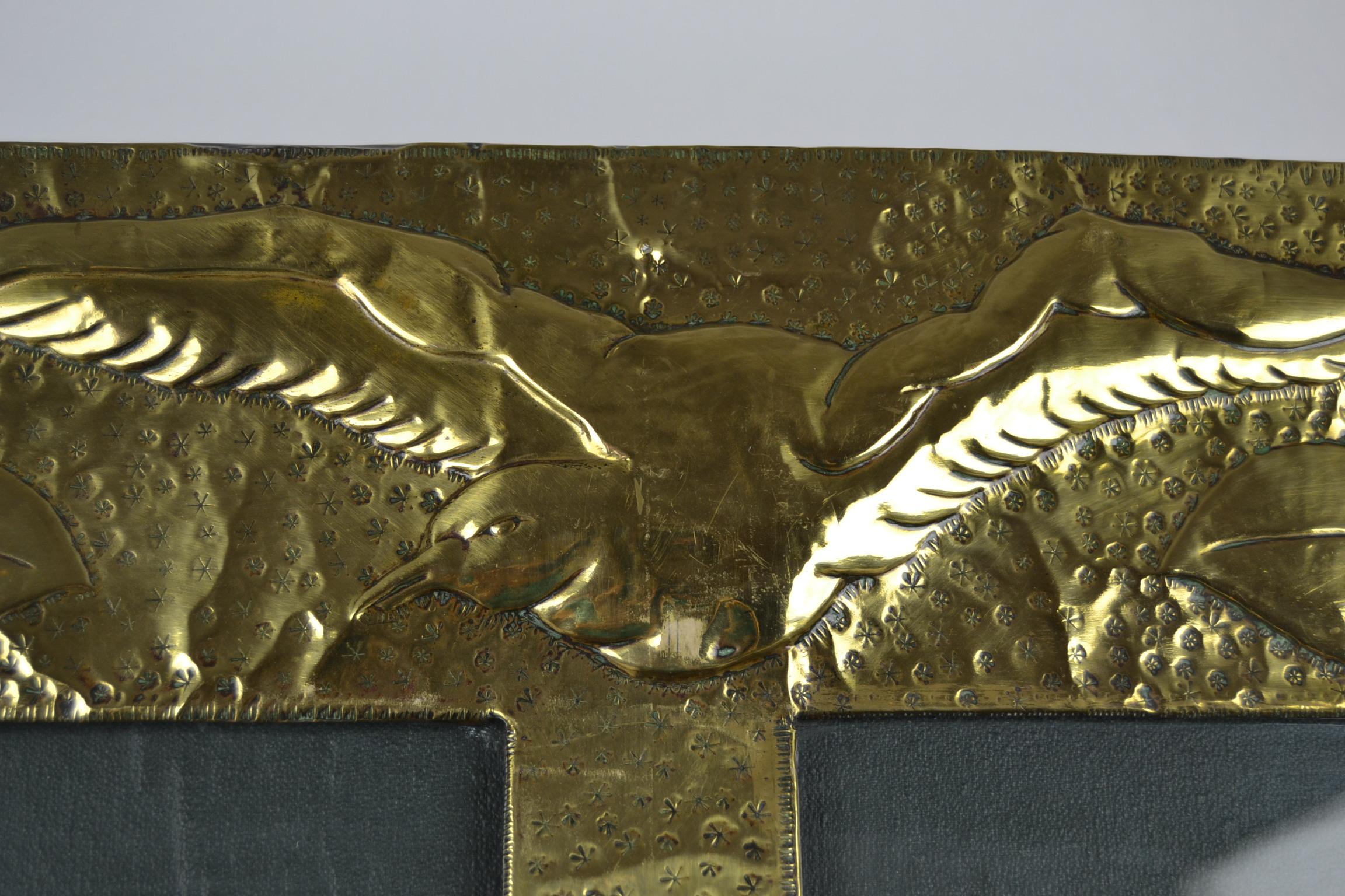 Wood Large Brass Hammered Double Picture Frame with Bird and Flowers For Sale