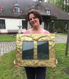 Large Brass Hammered Double Picture Frame with Bird and Flowers