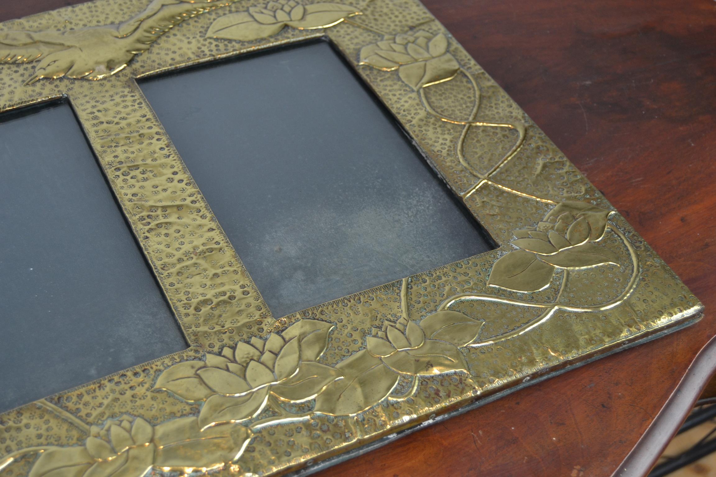 European Large Brass Hammered Double Picture Frame with Bird and Flowers For Sale