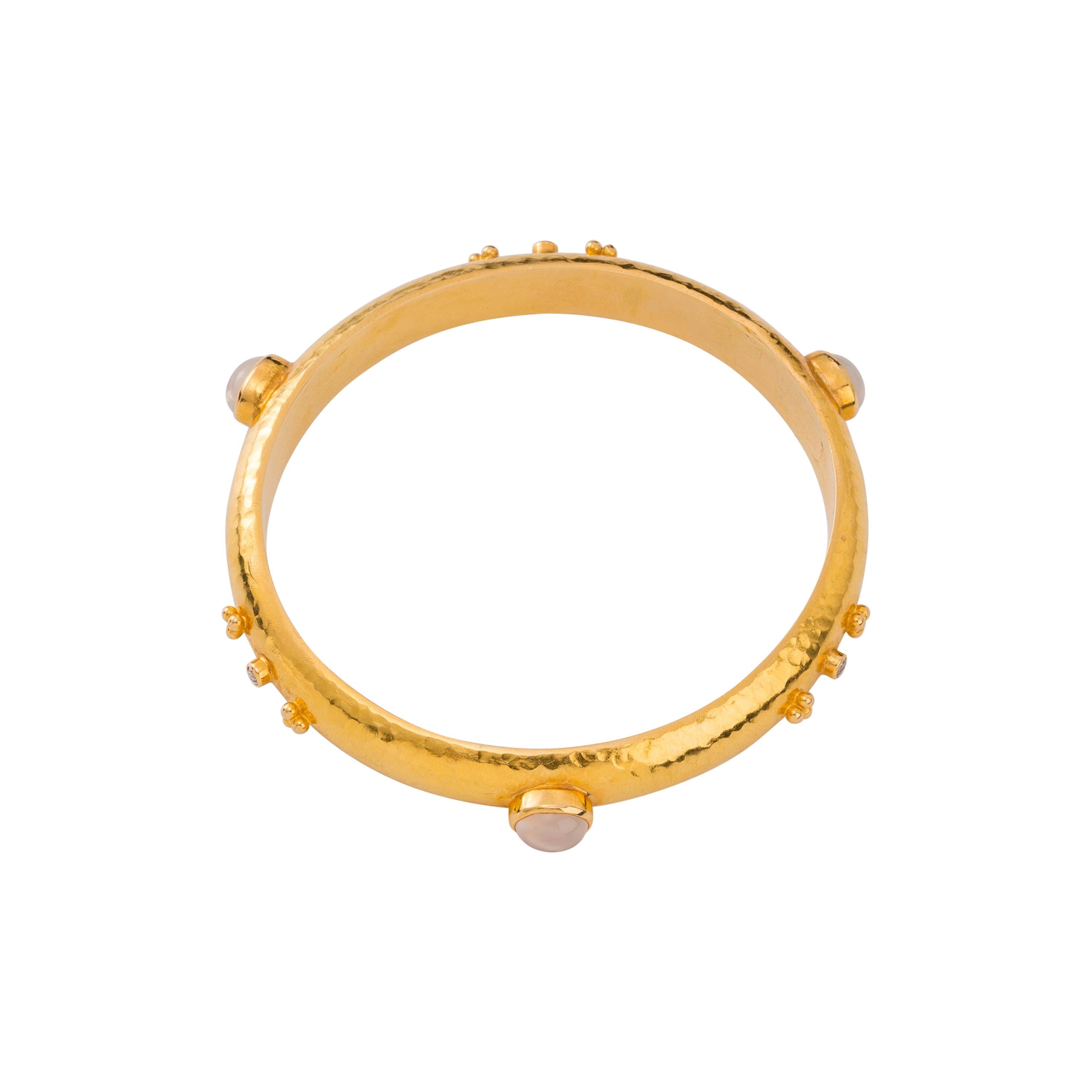 Bracelet jonc en or martelé à la main avec diamants et pierre de lune