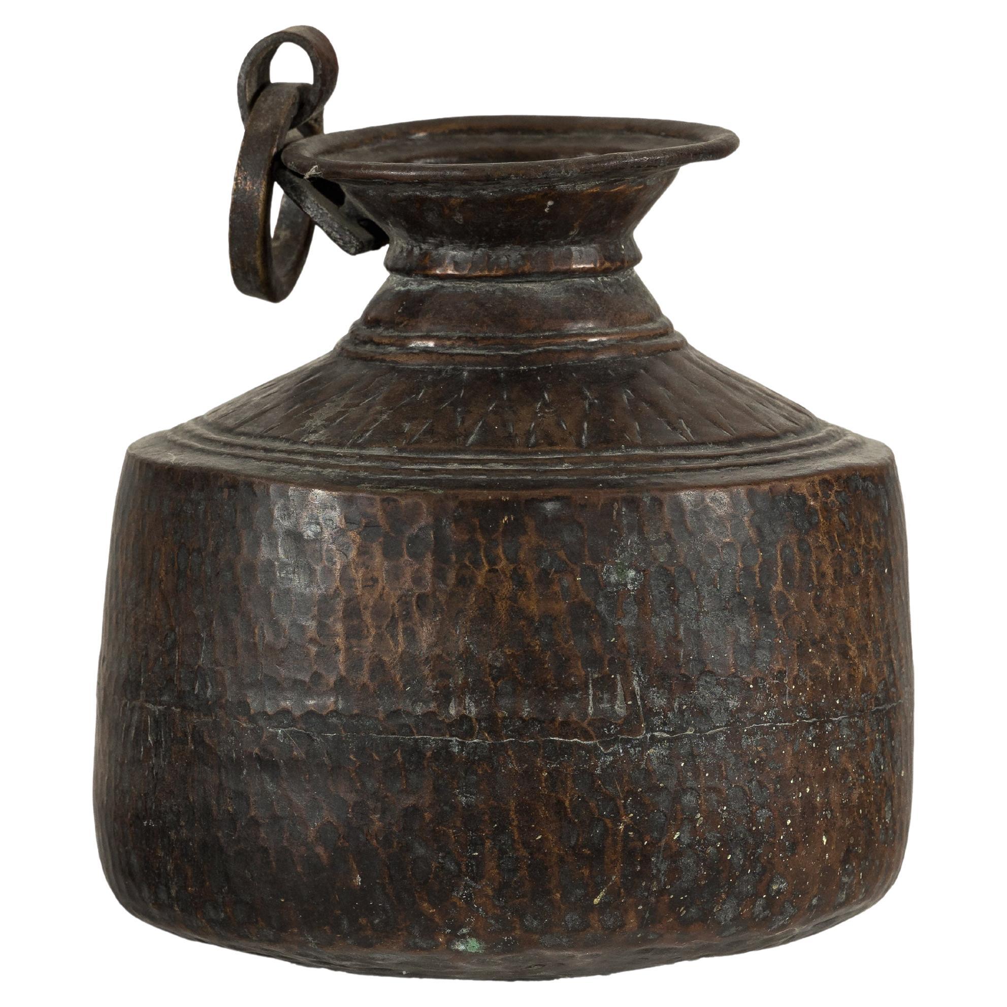 Hand-Hammered Indian Metal Milk Jug with Ring Handle, Vintage