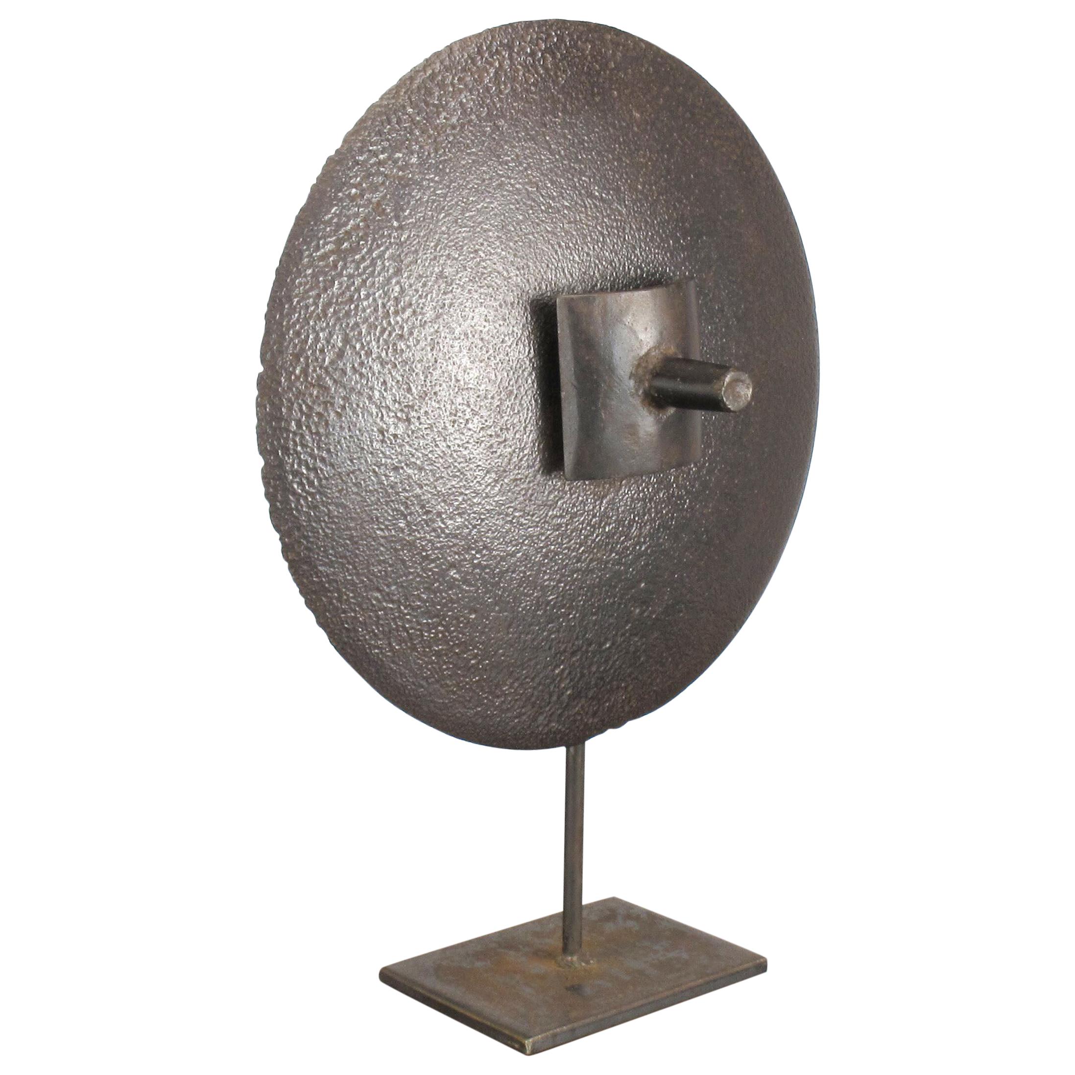 Hand-Hammered Iron Disc Sculpture with Center Handle