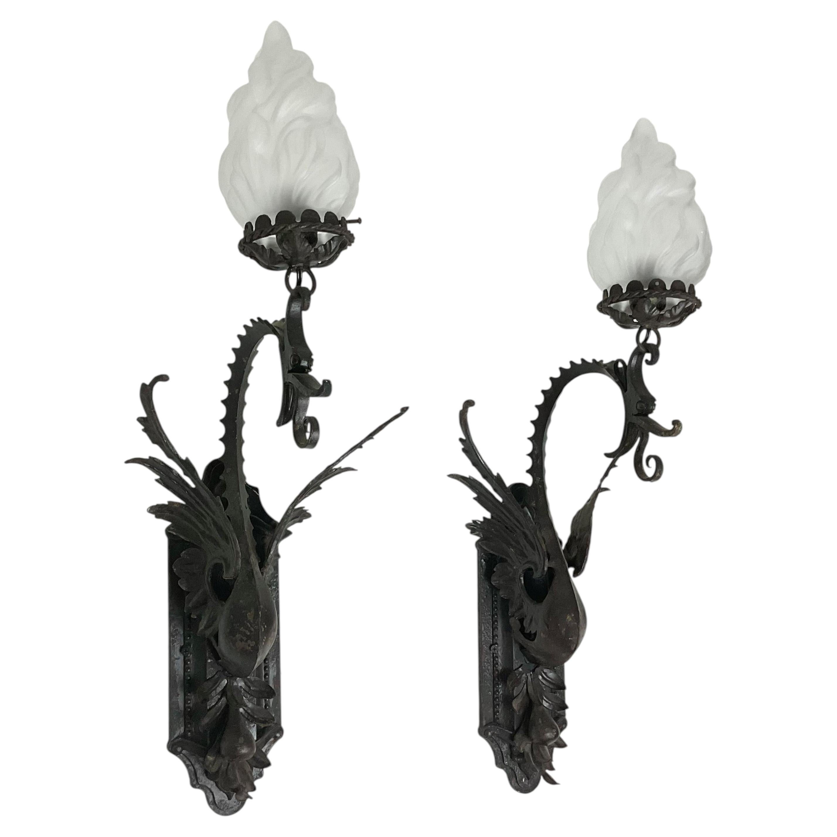 Hand Hammered Iron Dragon Wall Sconces For Sale