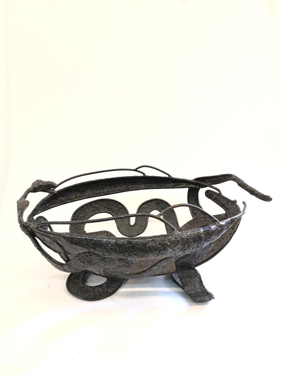 Late 20th Century Hand-Hammered Iron Fruit Bowl Depicting the Fall of Eve, 1970s