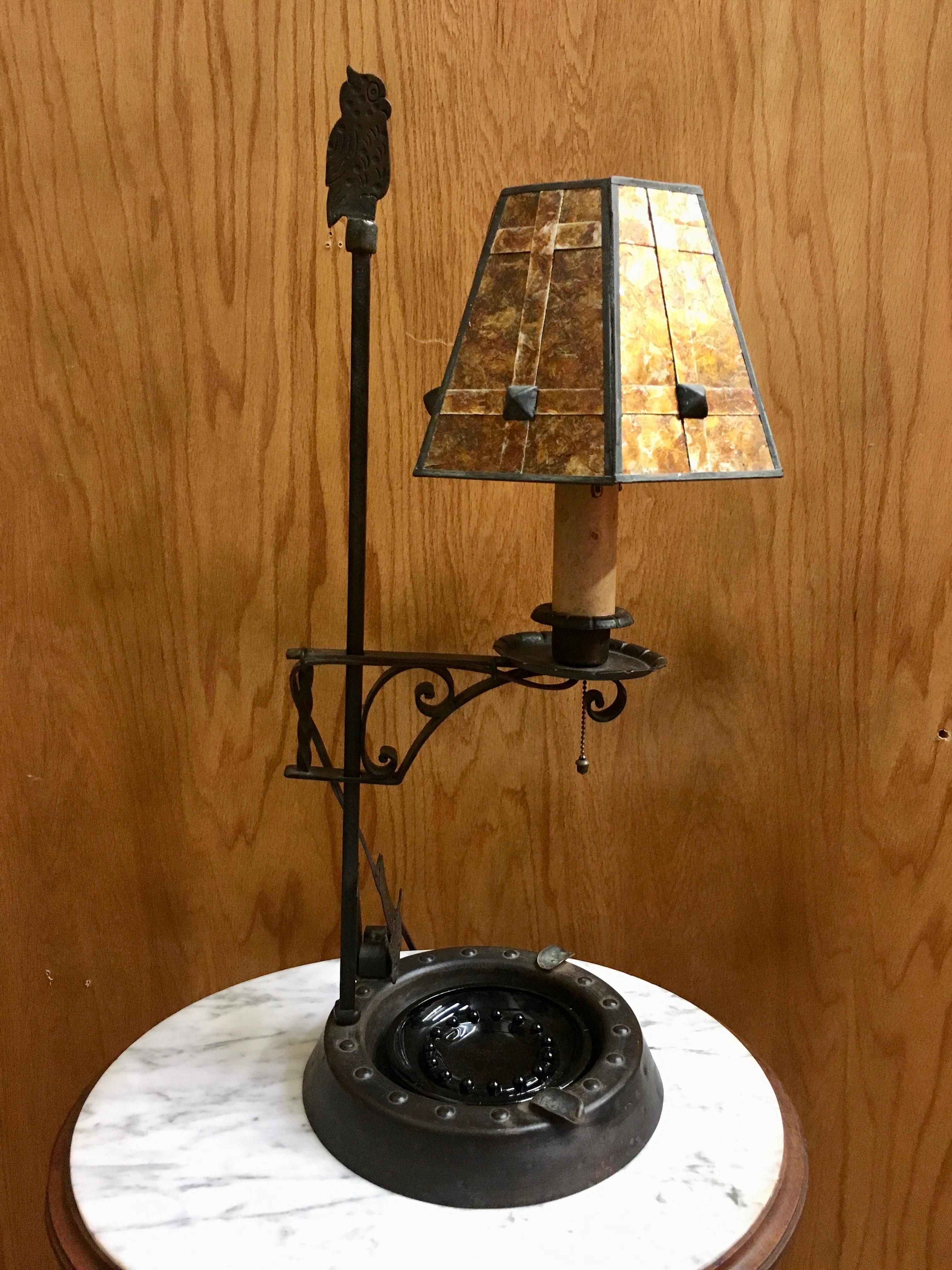 Hand craft metal lamp with glass dish and owl over looking from its perch and match holder signed 