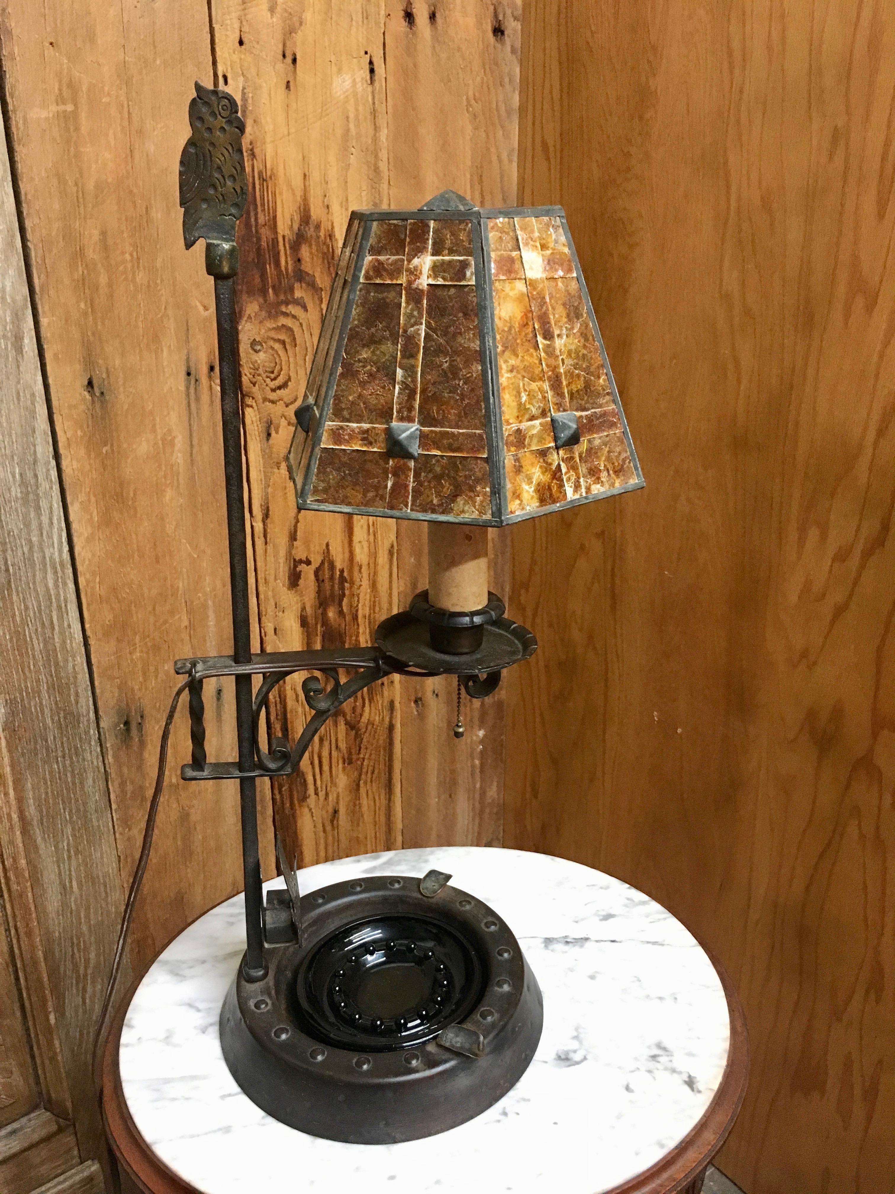 Arts and Crafts Hand-Hammered Lamp with Mica Shade For Sale