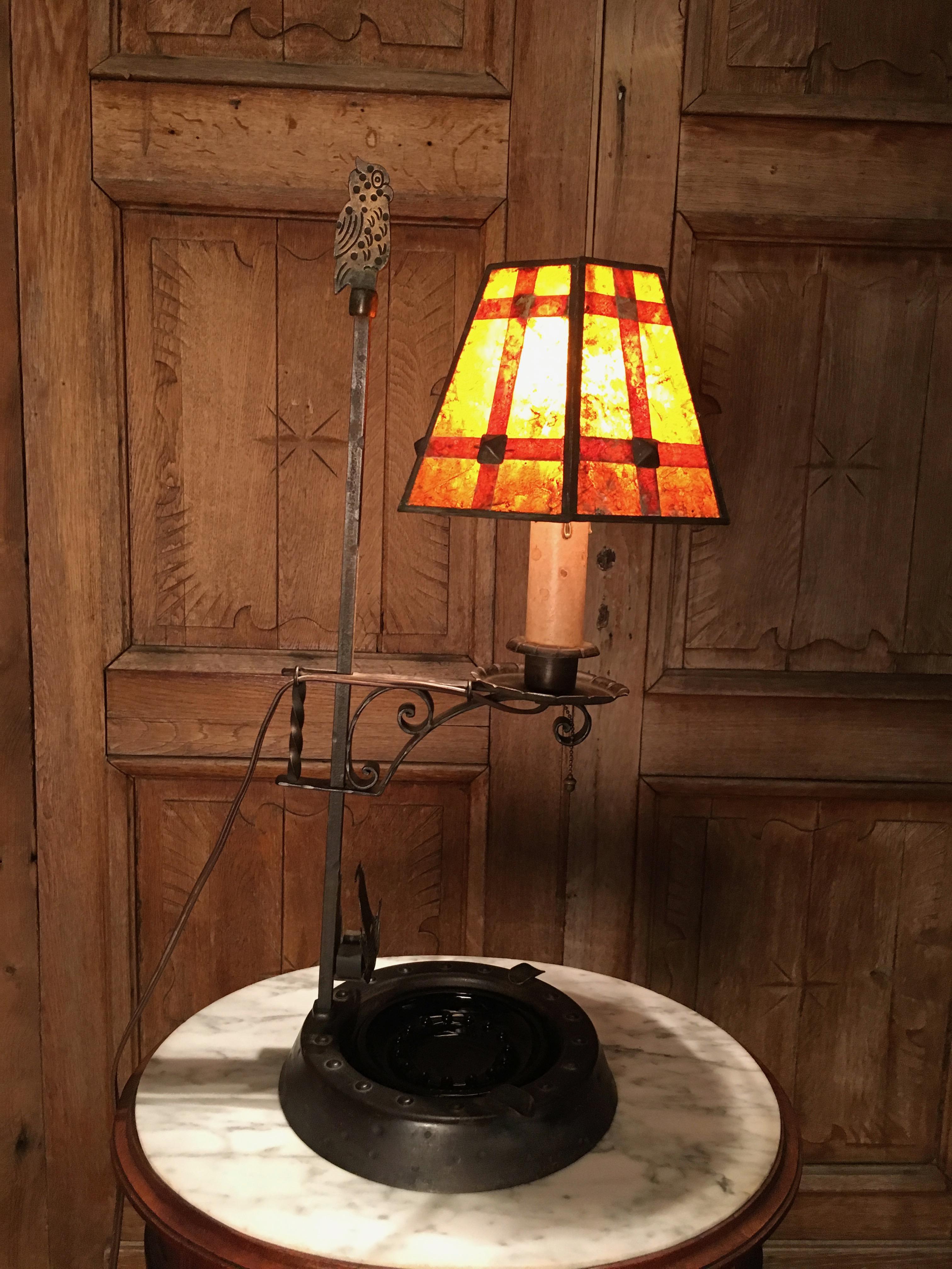 German Hand-Hammered Lamp with Mica Shade For Sale