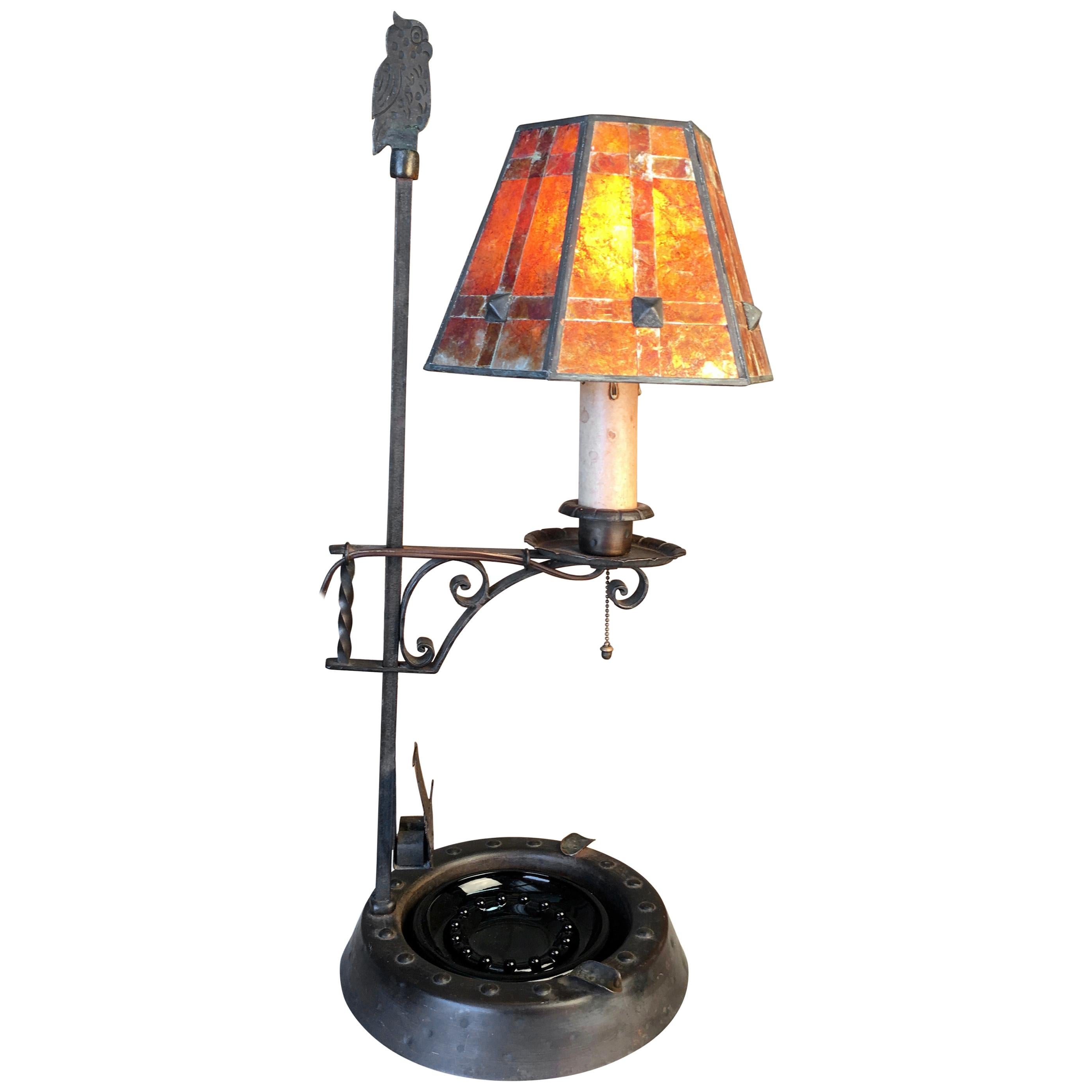 Hand-Hammered Lamp with Mica Shade For Sale