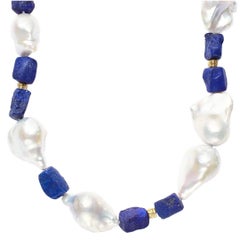 Hand-Hammered Lapis Lazuli with Baroque Pearls and 18 Karat Gold Beads