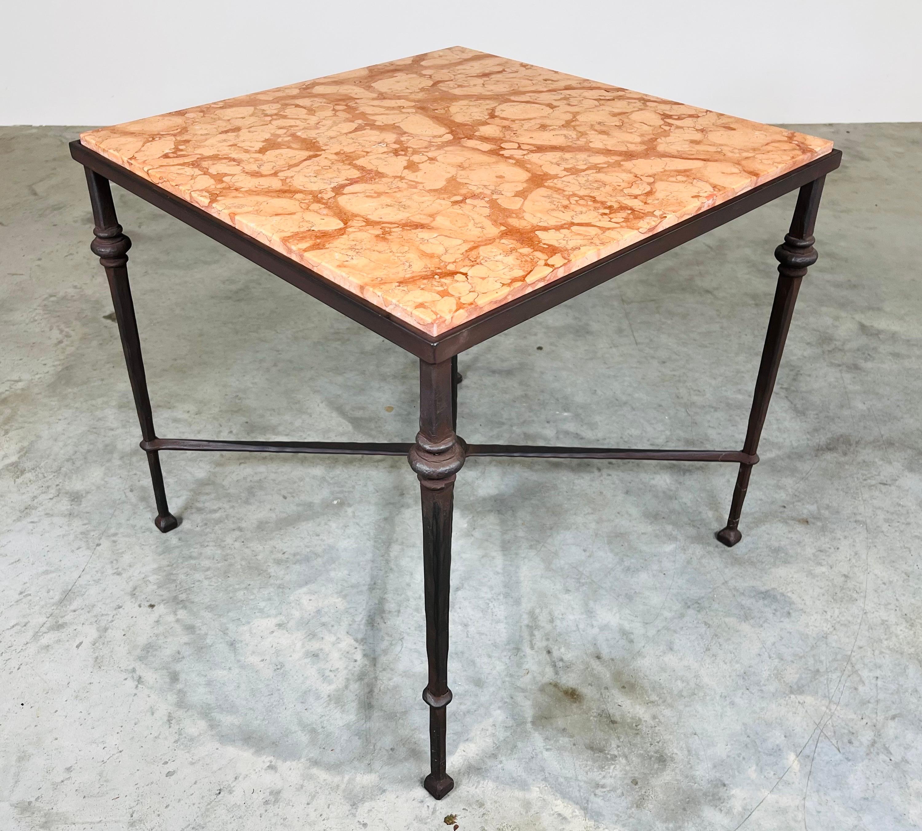 Iron Hand Hammered & Marble Hollywood Regency Maison Baguès Style Occasional Table For Sale