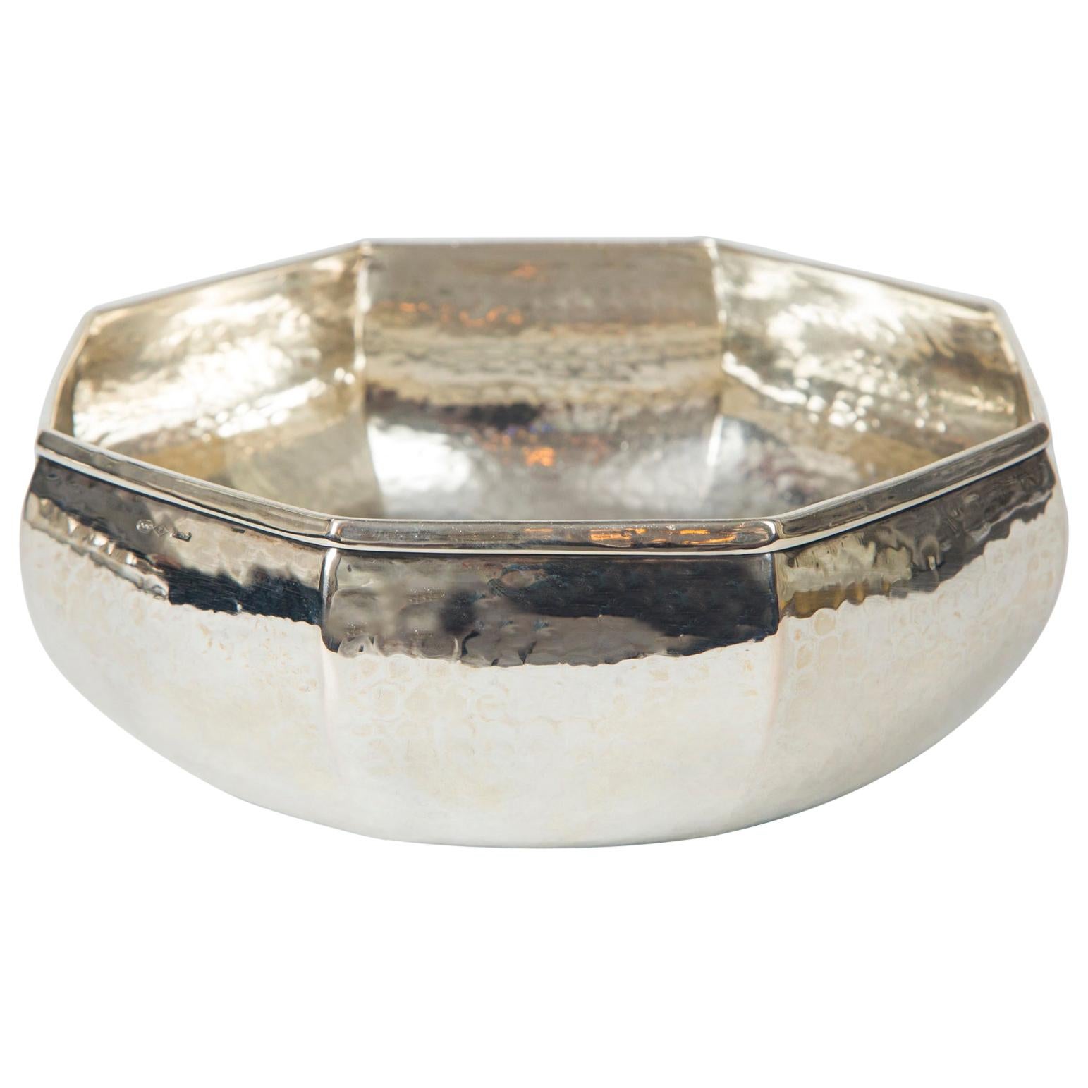 Hand-Hammered Octagonal Bowl, .800 Silver, Italy, Late 20th Century For Sale