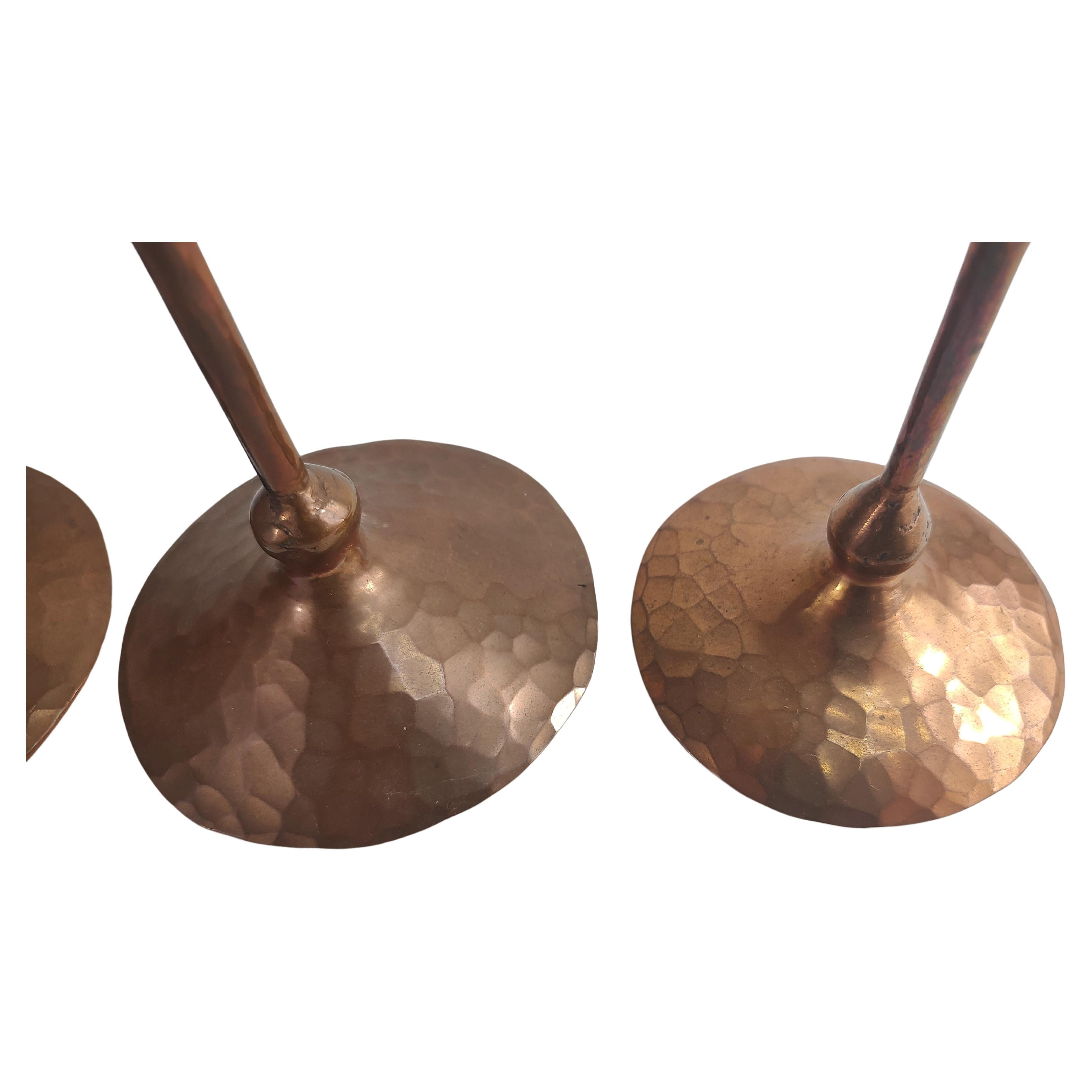 American Craftsman Hand Hammered & Polished Copper Candlesticks by Hessel Studios California For Sale