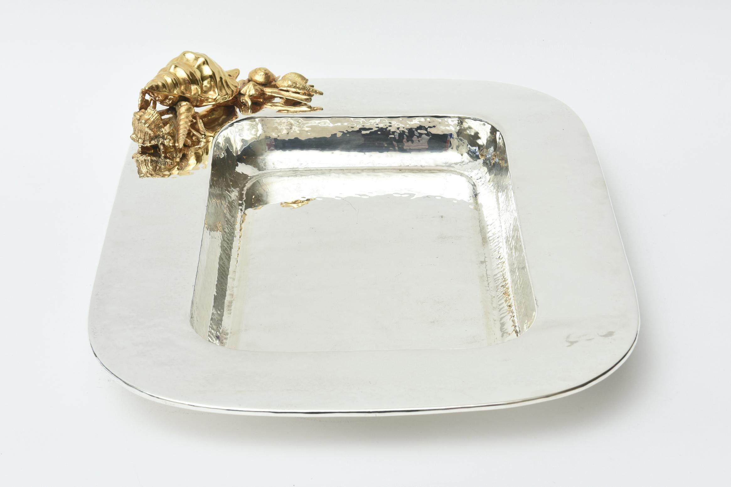 Organic Modern Hand-Hammered Silver-Plate and 24-Carat Gold-Plated Sea Shell Tray Signed