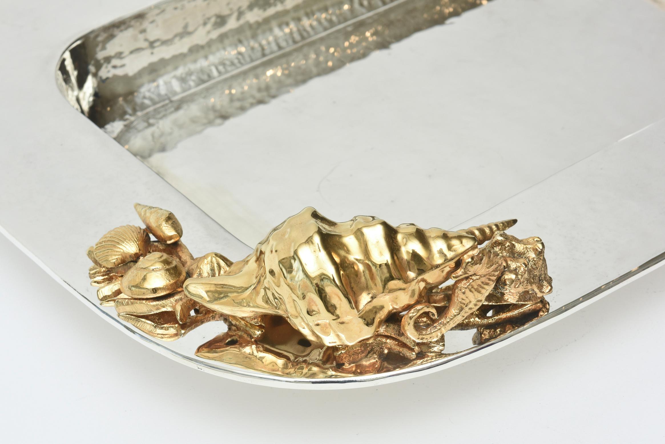 Late 20th Century Hand-Hammered Silver-Plate and 24-Carat Gold-Plated Sea Shell Tray Signed
