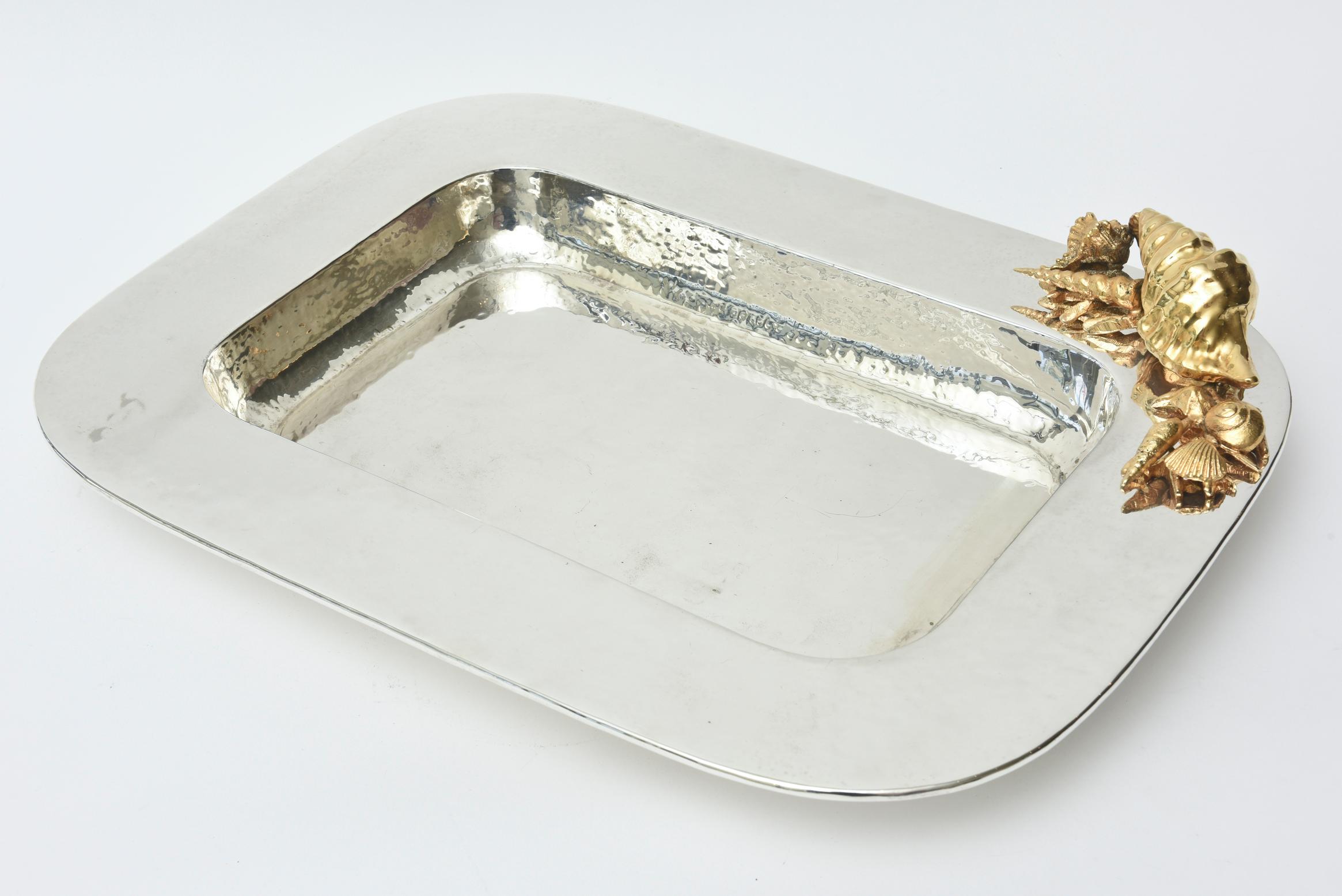 Gold Plate Hand-Hammered Silver-Plate and 24-Carat Gold-Plated Sea Shell Tray Signed