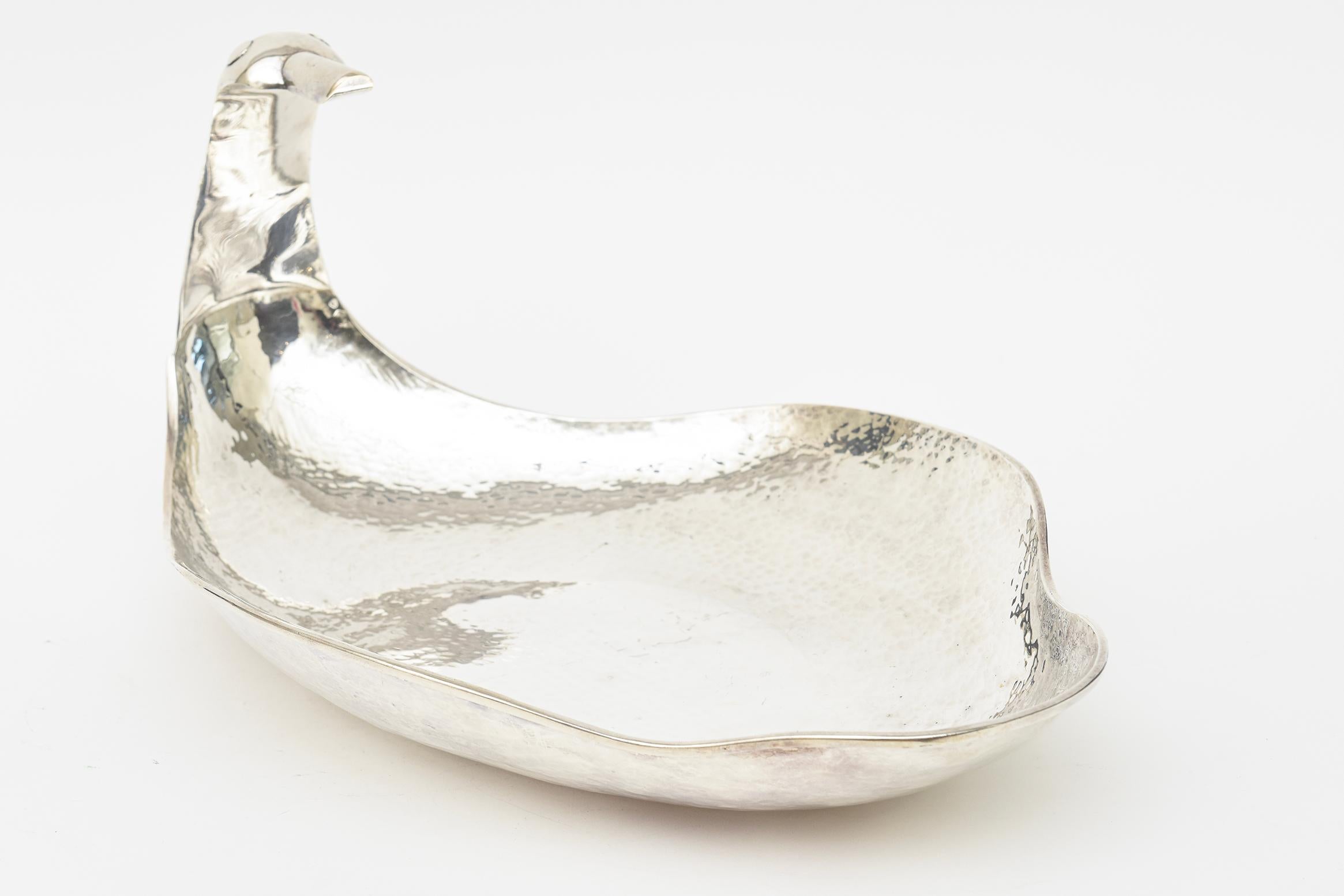 Modern Hand-Hammered Silver Plate Duck Scalloped Serving Bowl Vintage For Sale