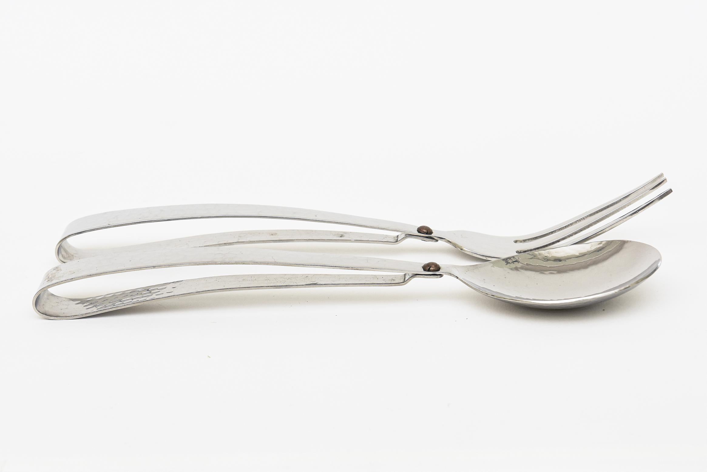 Hand Hammered Silver-Plate Looped Serving Pieces Or Salad Servers With Brass Dot For Sale 3