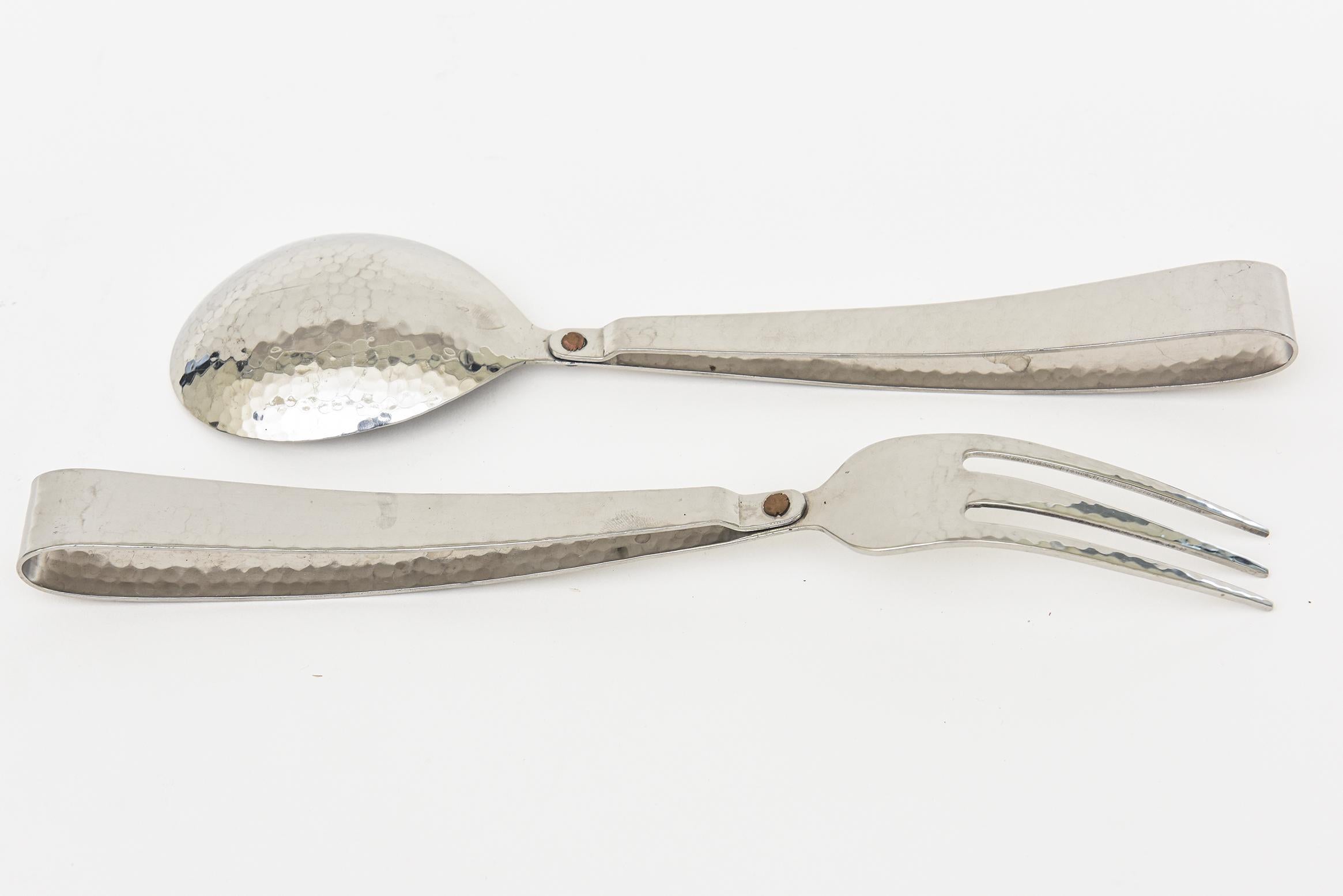 Late 20th Century Hand Hammered Silver-Plate Looped Serving Pieces Or Salad Servers With Brass Dot For Sale