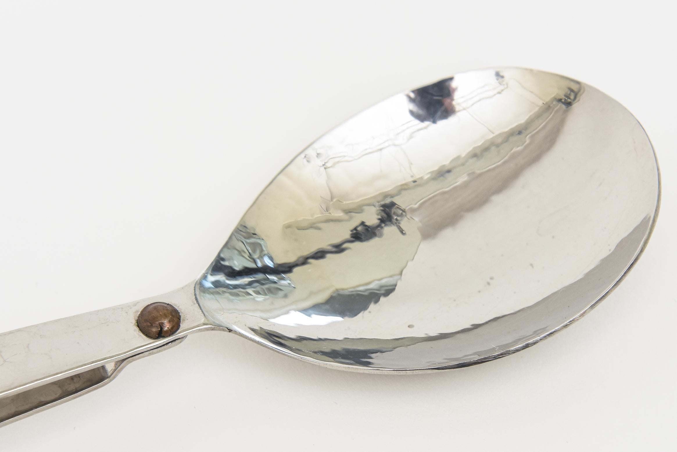 Hand Hammered Silver-Plate Looped Serving Pieces Or Salad Servers With Brass Dot For Sale 1
