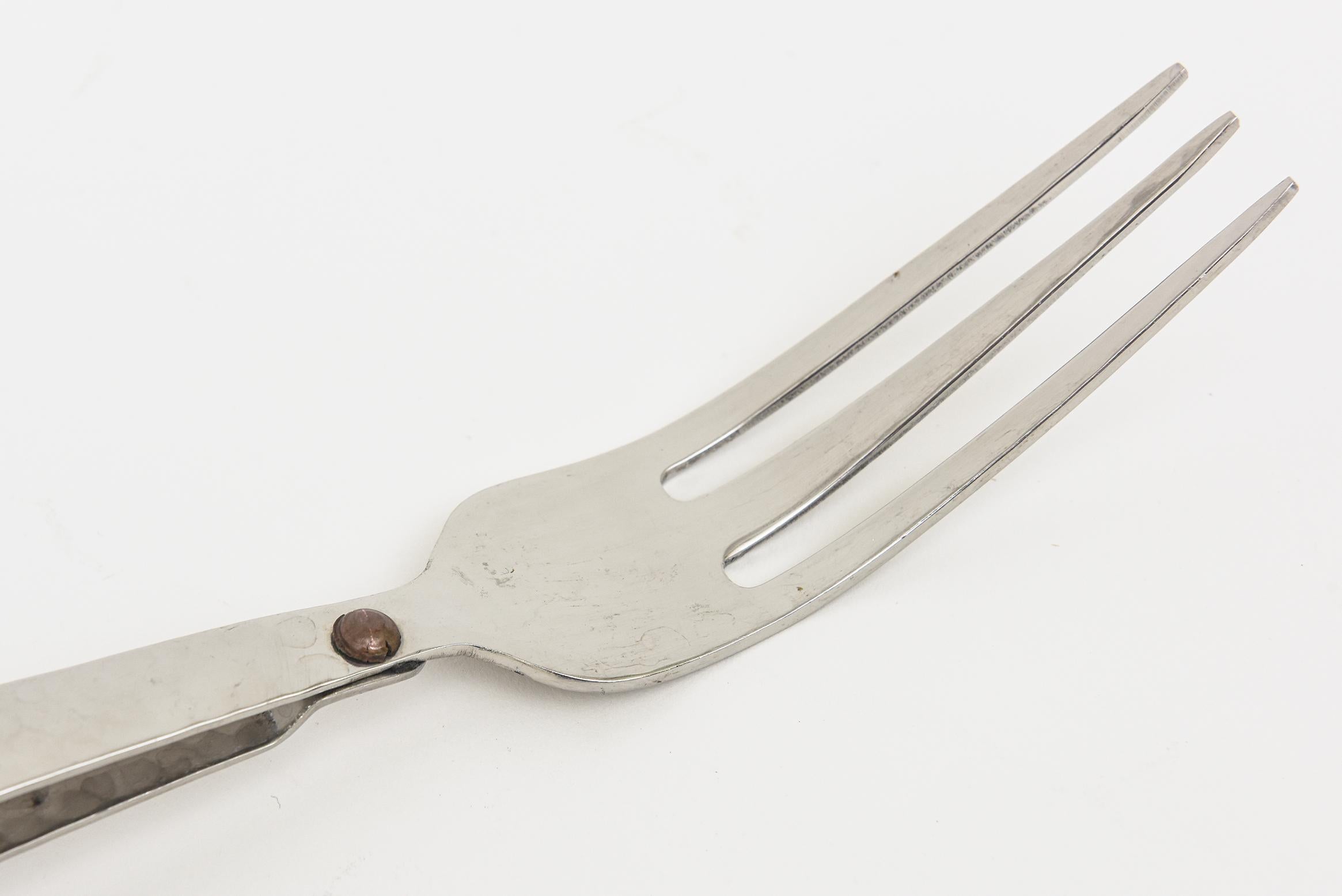 Hand Hammered Silver-Plate Looped Serving Pieces Or Salad Servers With Brass Dot For Sale 2