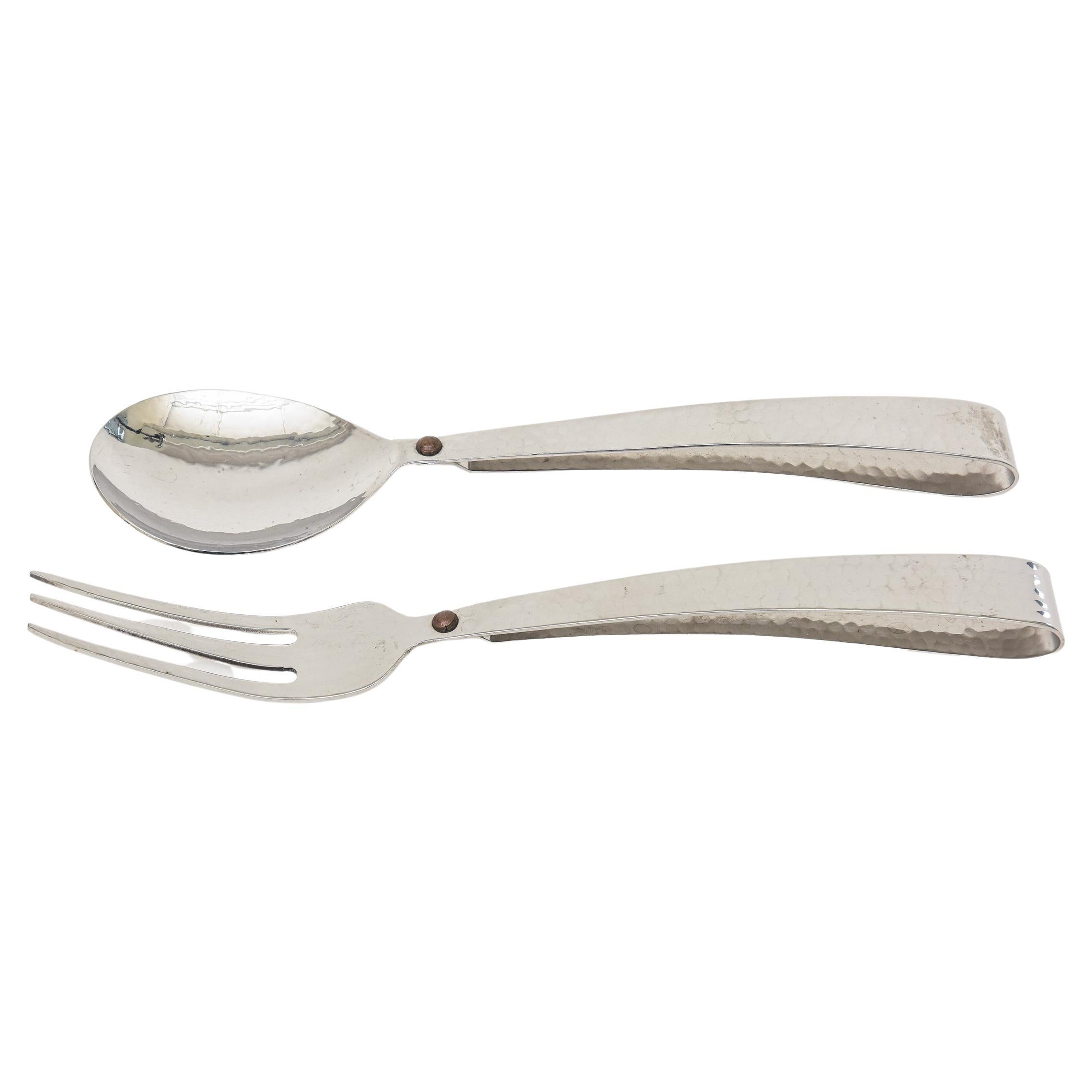 Hand Hammered Silver-Plate Looped Serving Pieces Or Salad Servers With Brass Dot For Sale