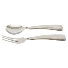 Retro Hand Hammered Silver-Plate Looped Serving Pieces Or Salad Servers With Brass Dot
