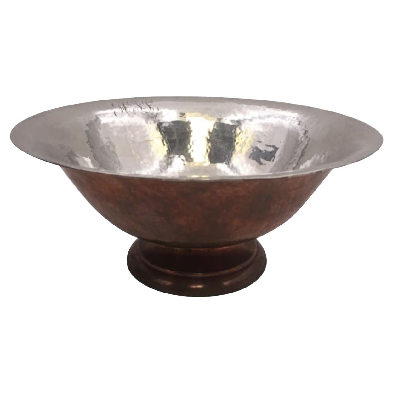 Hand Hammered Sterling Silver and Copper Centerpiece Bowl by Gebelien For Sale