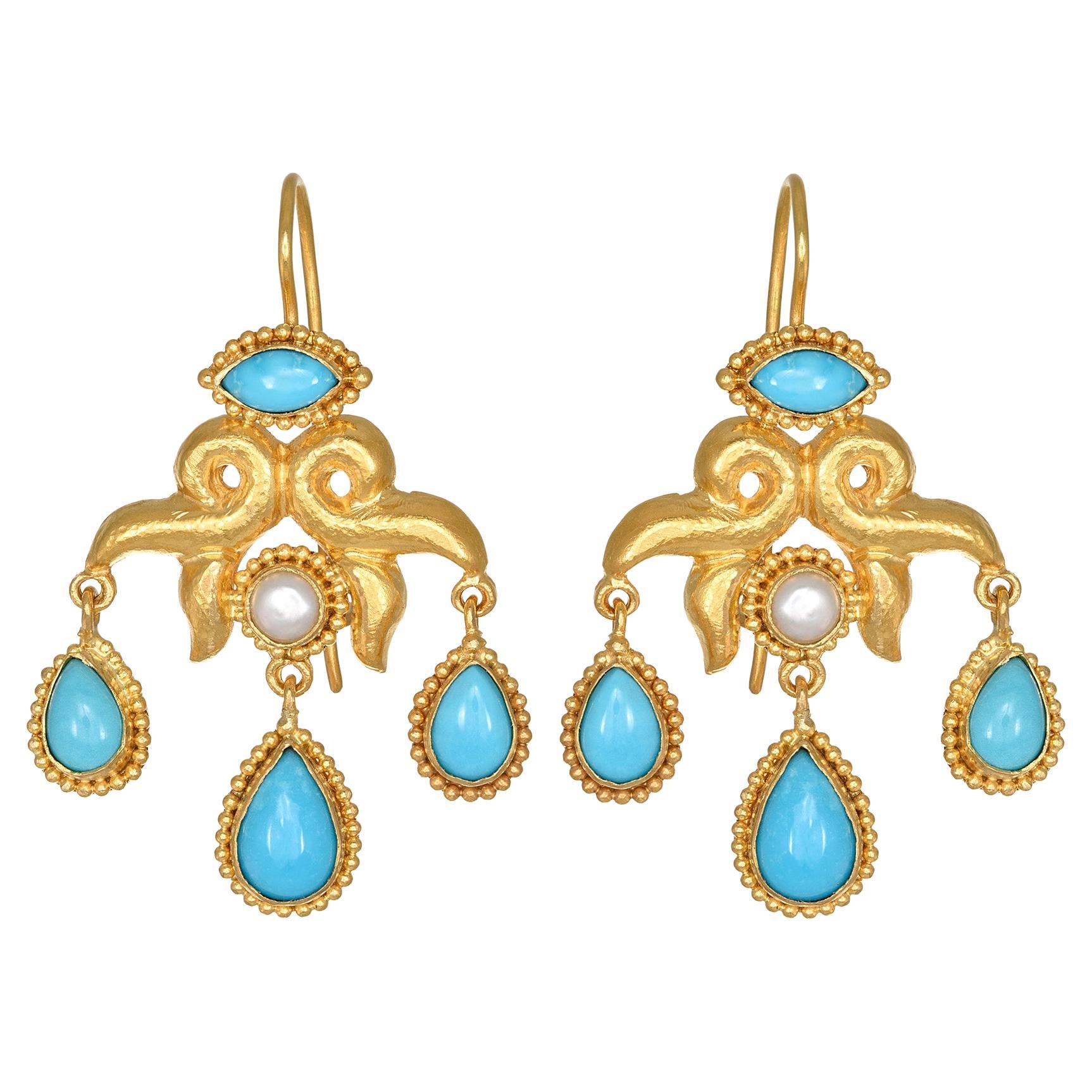 Hand Hammering Chandeliers Earrings with Pear Turquoises & Pearls in 22Kt Gold For Sale