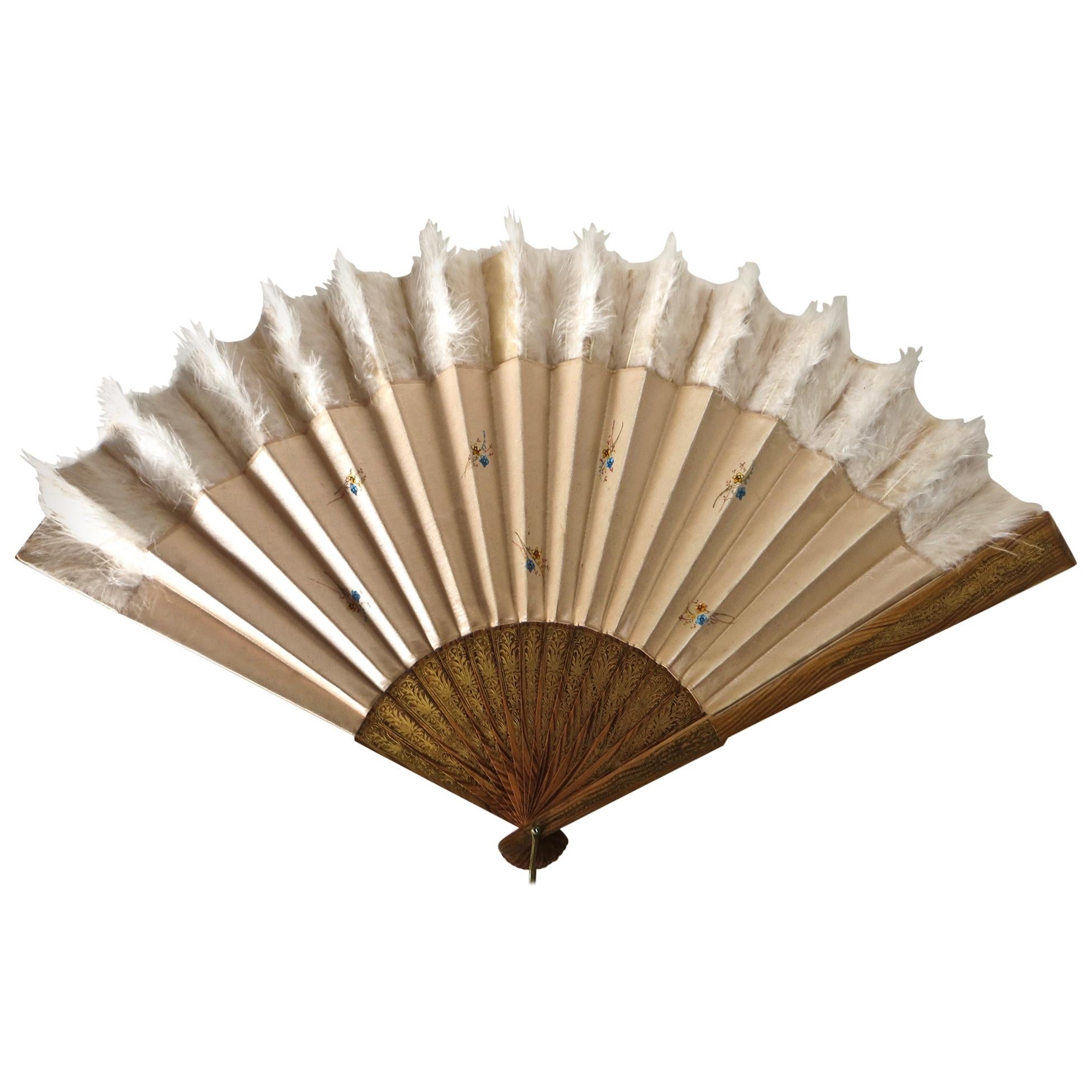 Hand Held 19th Century Fan, Floral and Feathers For Sale