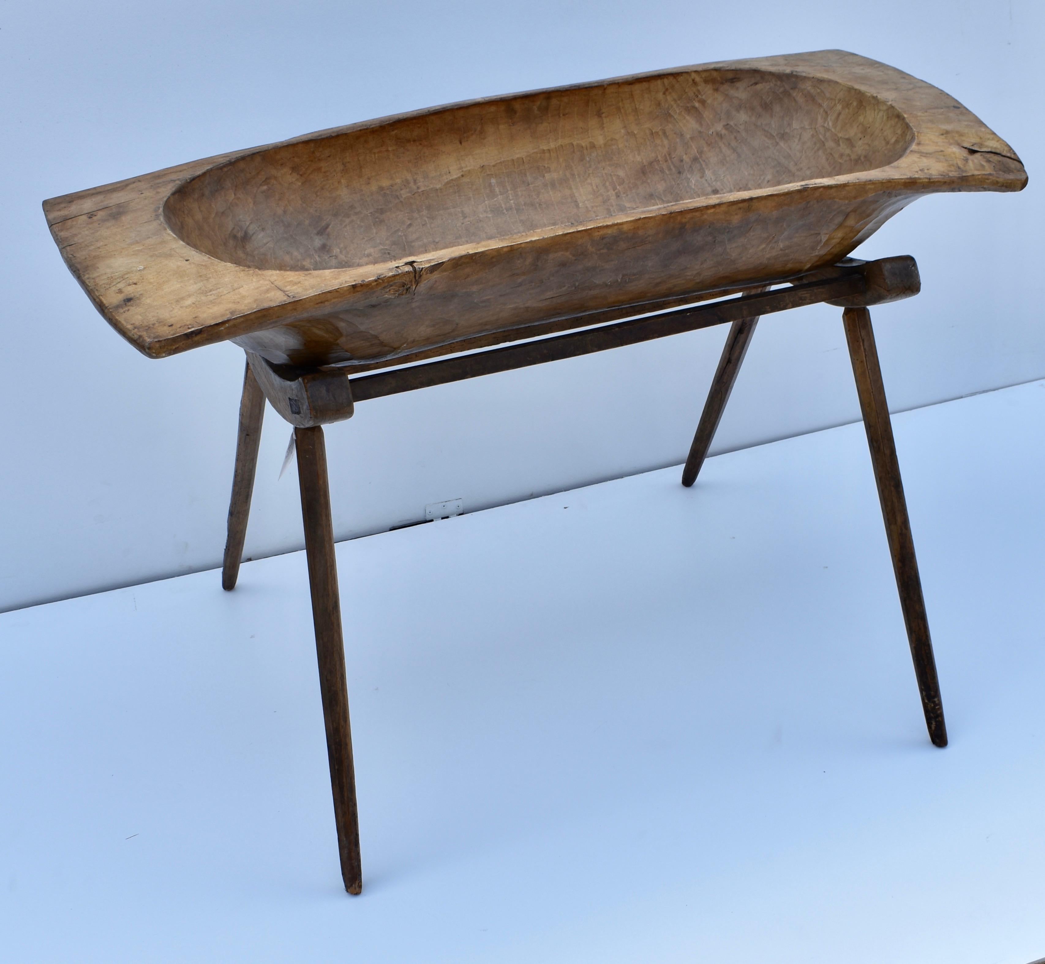 Hand-Hewn Fruitwood Frog or Dough Bowl on Oak Stand 1