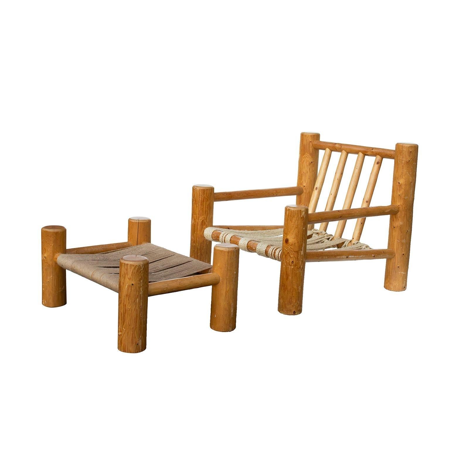 USA, 1980s
Hand hewn solid pine log armchair and matching ottoman. Incredible piece for your modern cabin, lodge, or organic modern, minimalist interior. Natural materials and hand-hewn solid wood frame brings to mind cabin and lodge life-