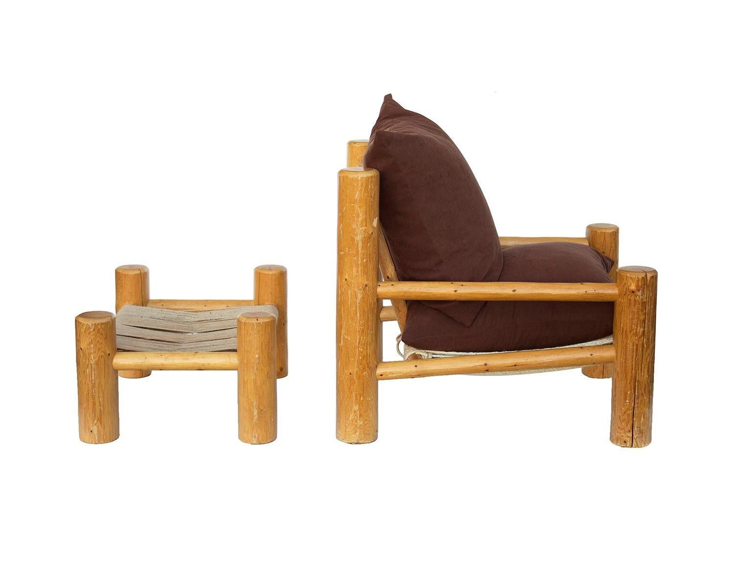 Hand Hewn Pine Log Armchair and Ottoman For Sale 3
